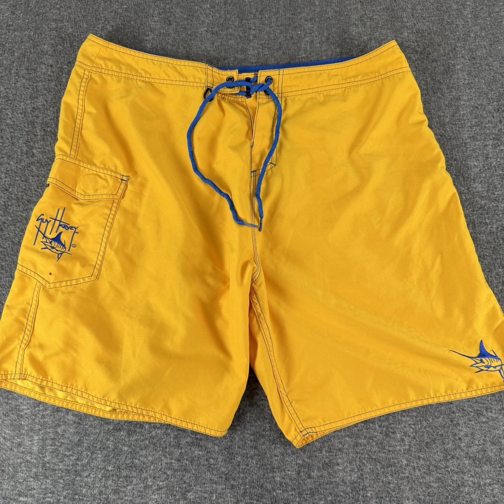 Guy Harvey Board Shorts Men's 30 Yellow Fishing Swim Trunks Marlin